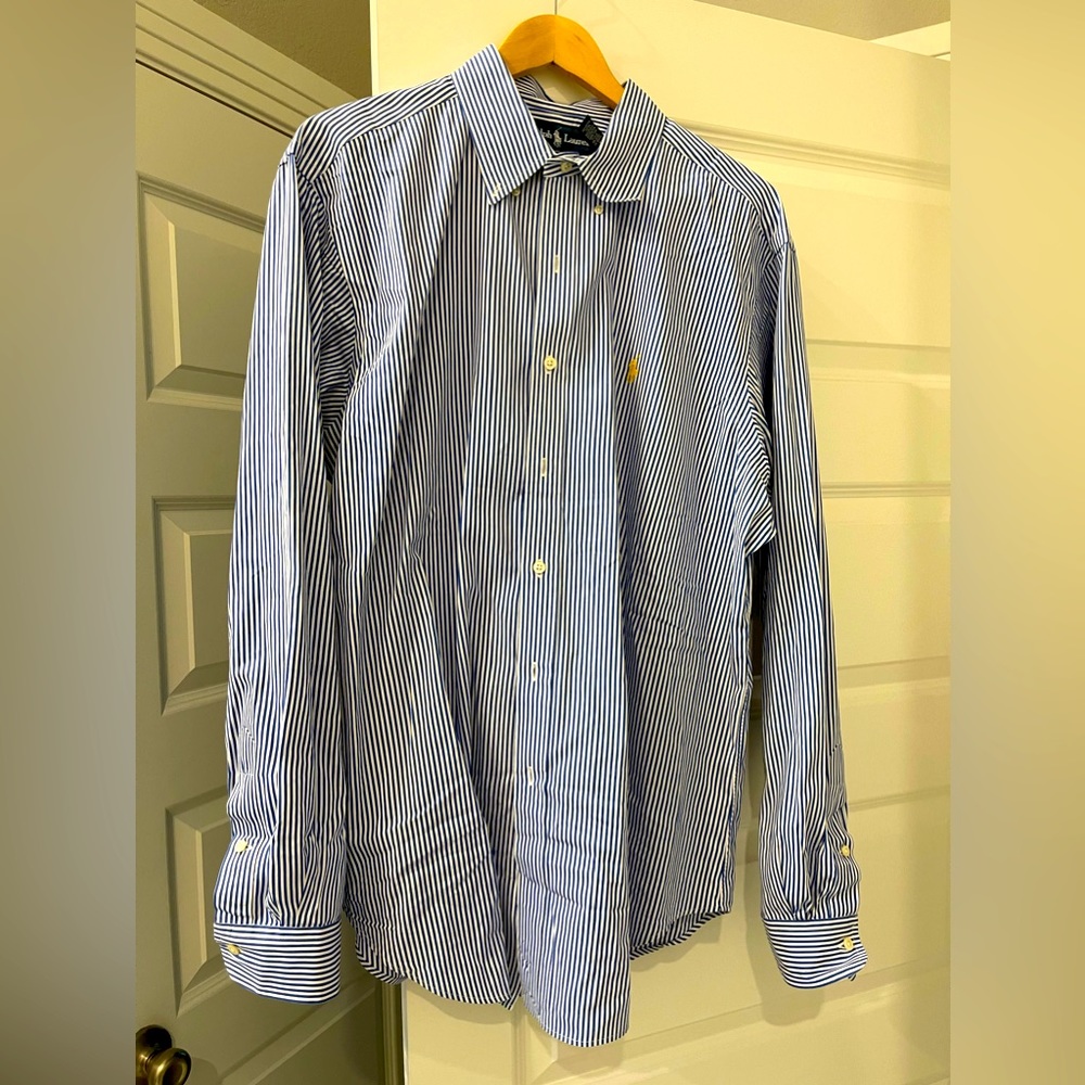 POLO RALPH LAUREN Shirt Mens XL Striped Button Up Long Sleeve Blue and White